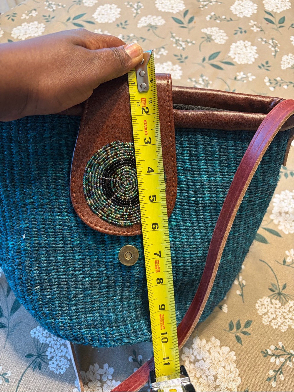 Teal Woven Clutch with Brown Leather Trim and Beaded Accent - Picture 6 of 8